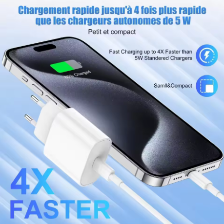 Chargeur rapide PD 20W pour iPhone 16 15 14 13 12....
